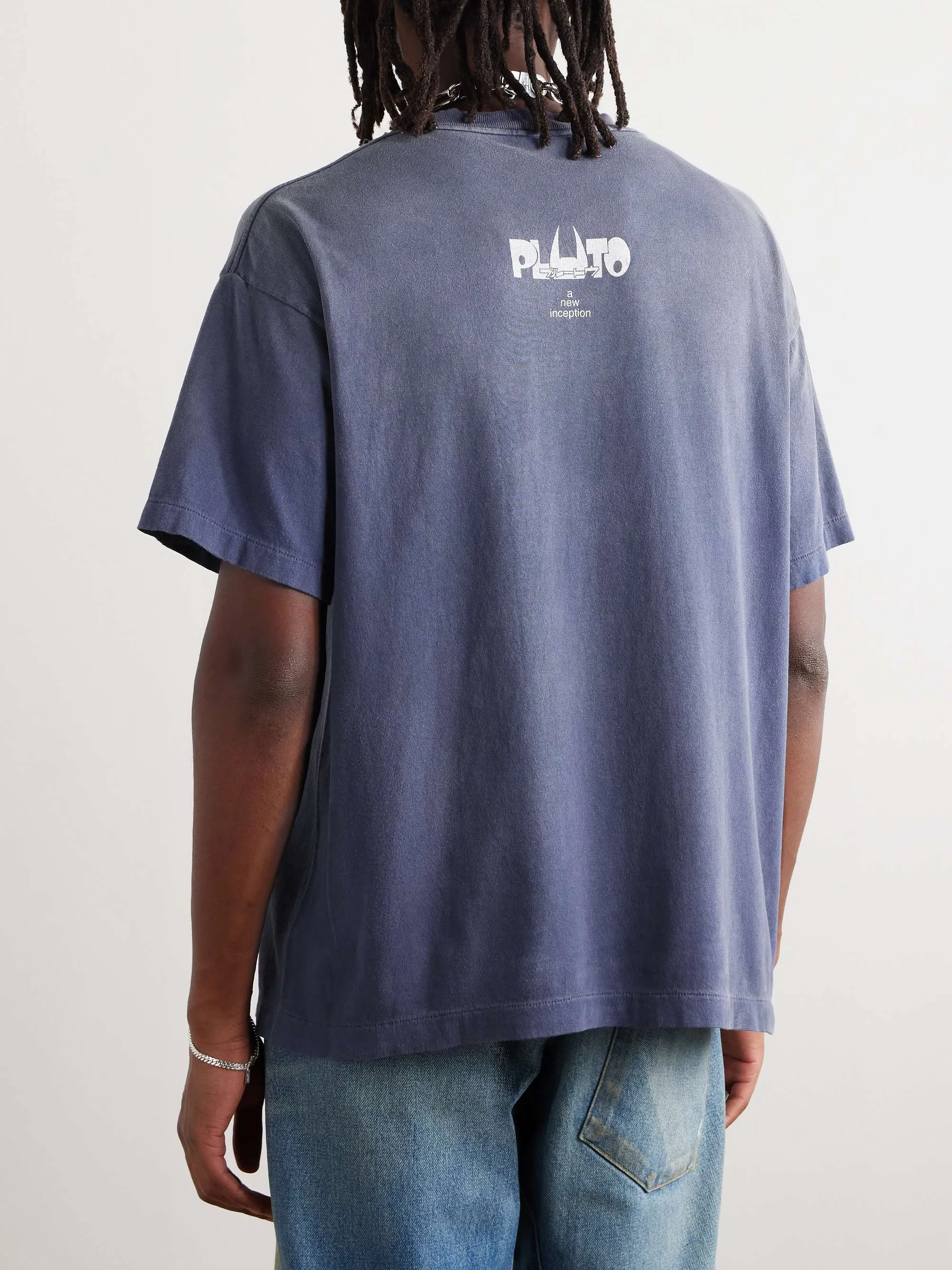 PLUTO x SAINT Mxxxxxx PLUTO SS TEE/Pluto co-branded retro tee Pluto distressed hole short sleeves Washed blue S-XL The washing and destruction process have reached the highest peak in the brand's history The real thing is quite acceptable This tee is derived from Osamu Tezuka's landmark masterpiece Customized original consistent main mark/wash mark Original consistent cylindrical OE yarn fabric